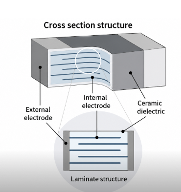 MLCC Cross-Section Showing Ceramic Layers and Electrodes